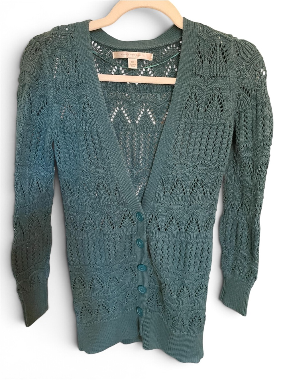 LC Lauren Conrad Open Knit Pointelle Cardigan XS Teal 100% Cotton Long